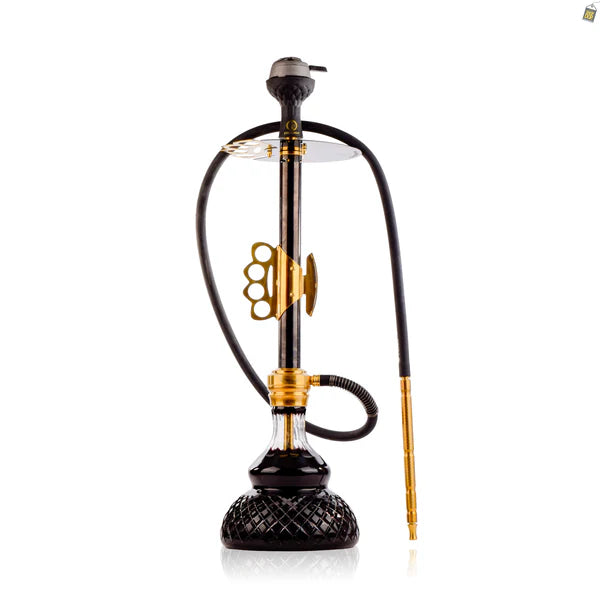 Knuckler Hookah - Golden Stem / Black Base with Dark Brown bag