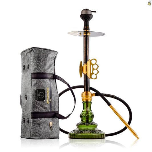 Knuckler Hookah - Golden Stem / Emerald Green Base with Grey bag